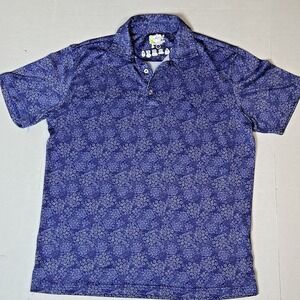 Tailor Bird Men Golf Polo Shirt Blue Floral Print Short Sleeve Performance Large